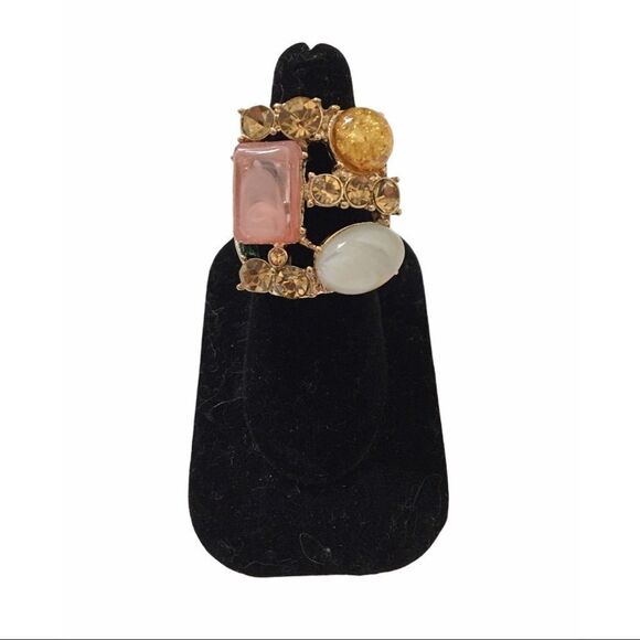 Cabochon Faux Gemstone Cluster Stretchy Cocktail Ring Gold Tone Women’s Sz 7.5 - Picture 1 of 4
